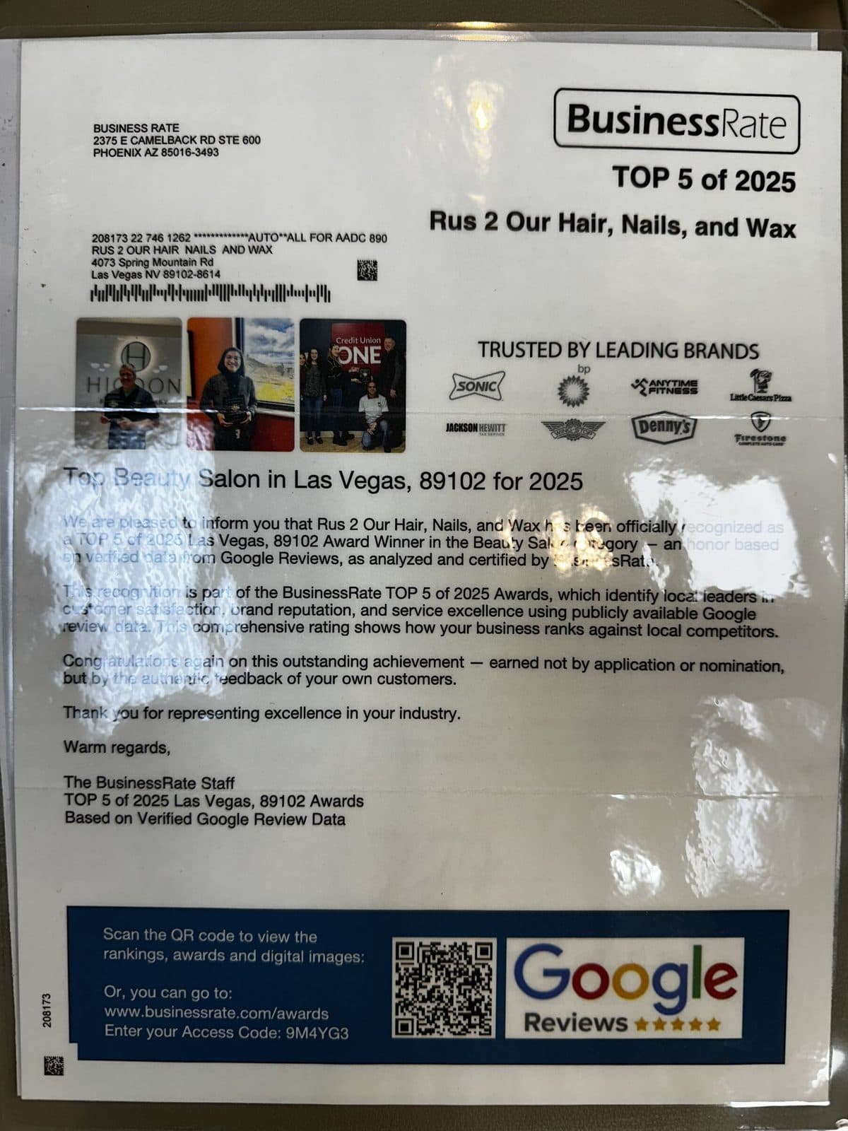 BusinessRate Top 5 of 2025 award letter naming Rus 2 Our Hair, Nails, and Wax a top beauty salon in Las Vegas 89102